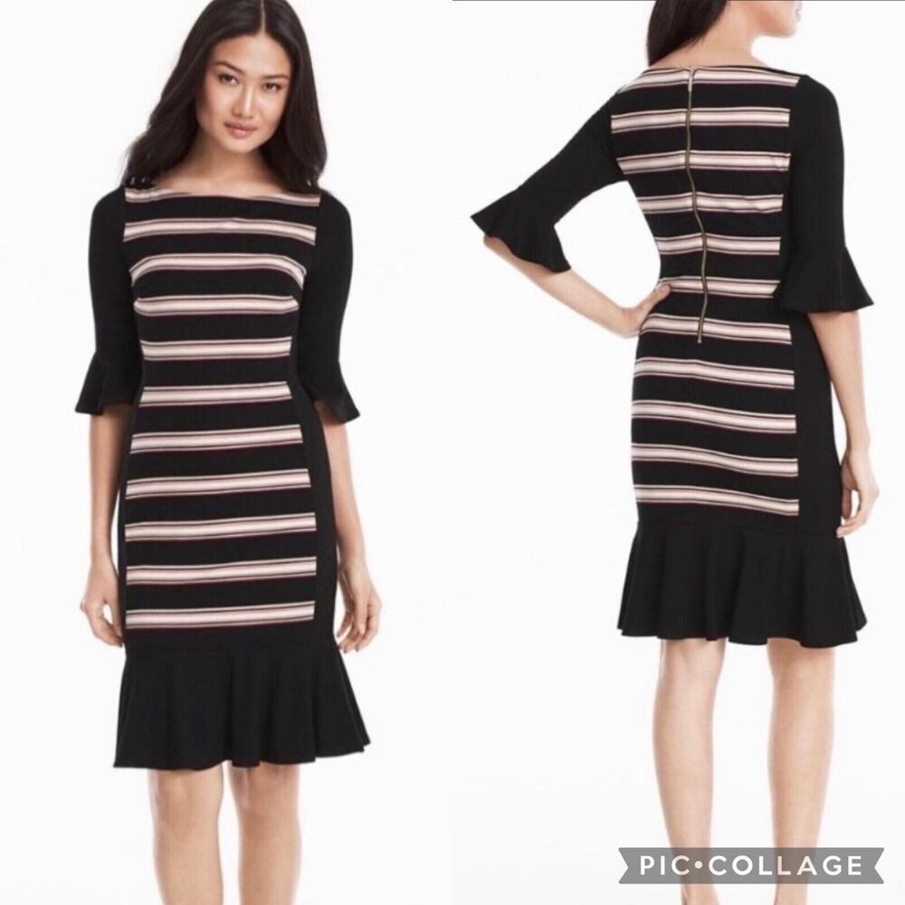 White House Black Market Womens Sheath Dress Bell Sleeve Flippy Hem Stripes Sz 8 - Picture 2 of 15